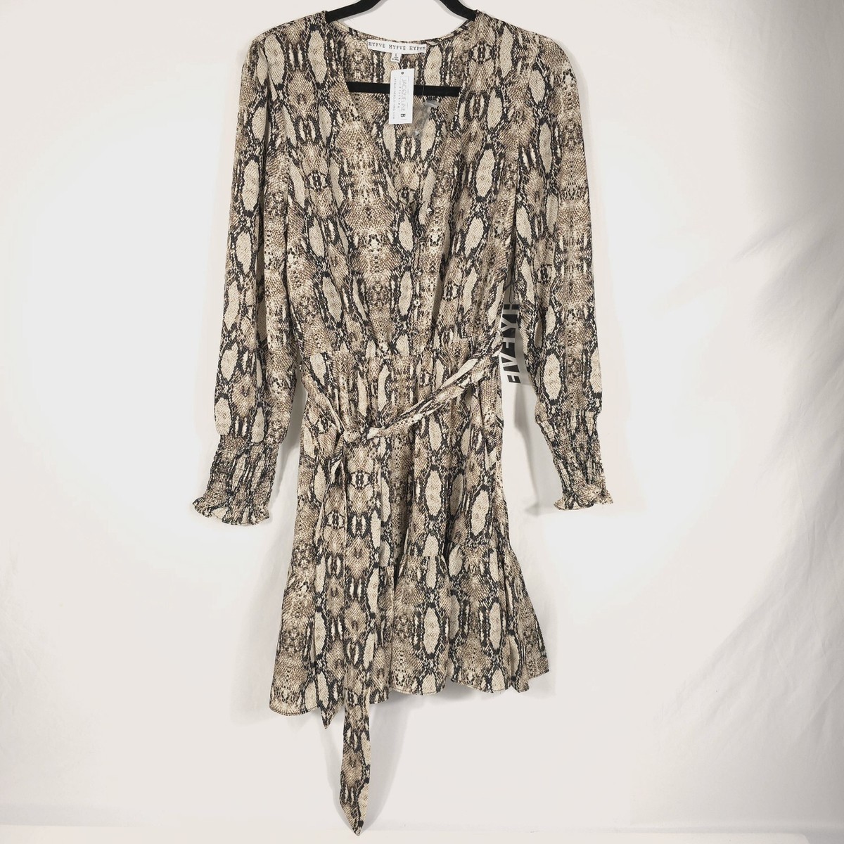 NWT Womens LARGE Blouson Dress Long Sleeve Elastic Cuff Brown Beige Snake Print NWT Womens LARGE Blouson Dress Long Sleeve Elastic Cuff Brown Beige Snake Print