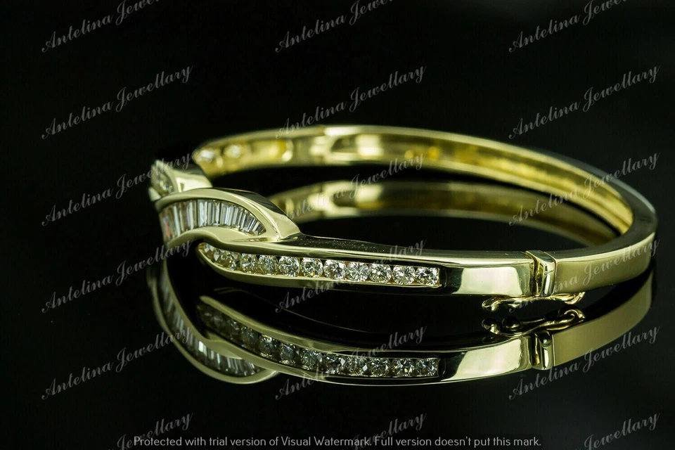 Brazalete Brazalete Mujer Acabado Oro Amarillo 14K 5 CT Baguette Diamante Simulado Foto 2 de 4