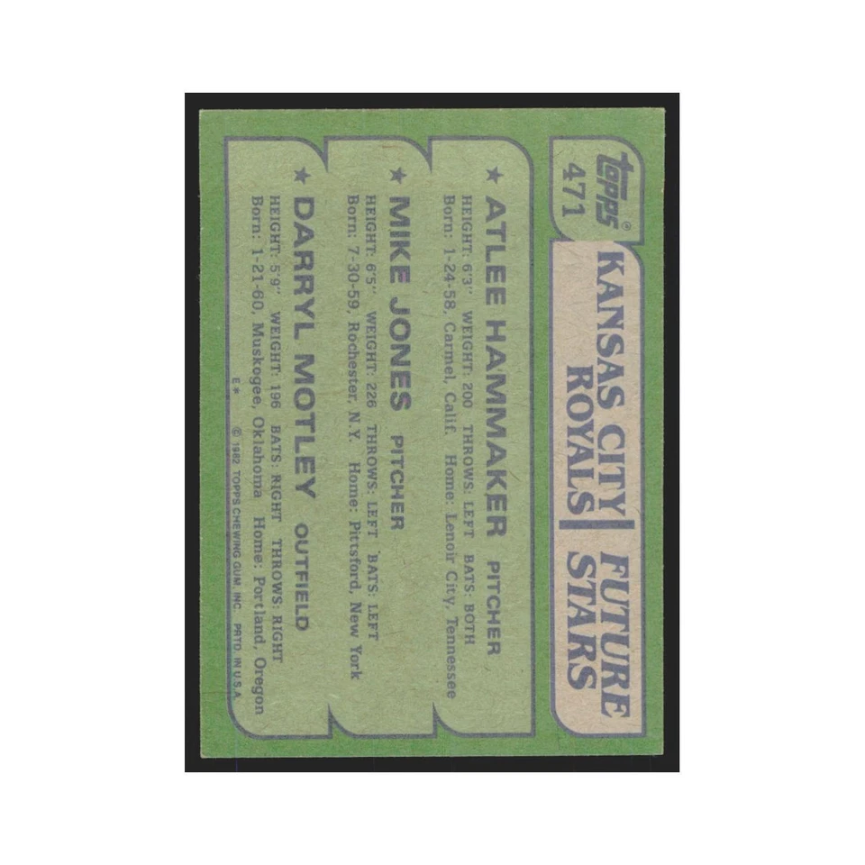 1982 Topps Atlee Hammaker/Mike Jones/Darryl Motley Royals #471 - Image 2 of 3