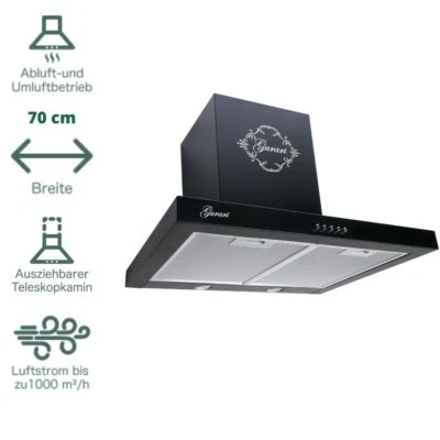 GURARI Dunstabzugshaube 70 cm GCH F 461 BL 7 Wandhaube Schwarz 1000 m3/h