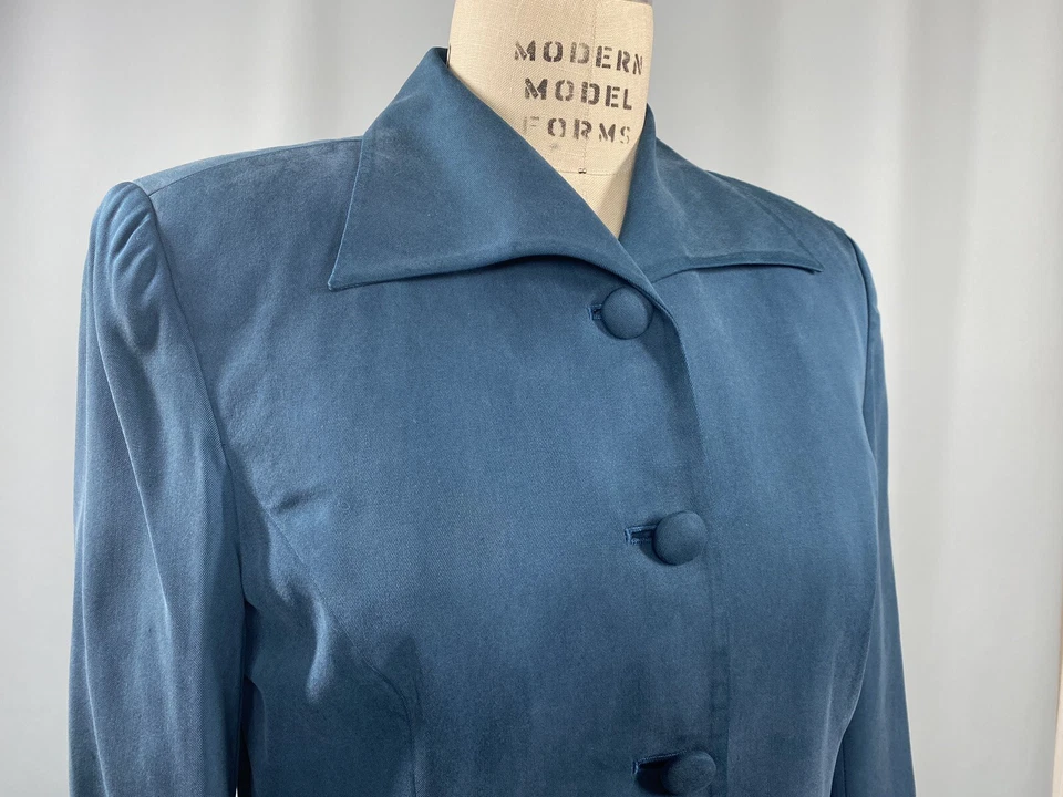 Vintage Women's SILK Skirt Suit SIZE 8 MEDIUM teal blue SAVILLE 90s does 40s - Image 4 of 4