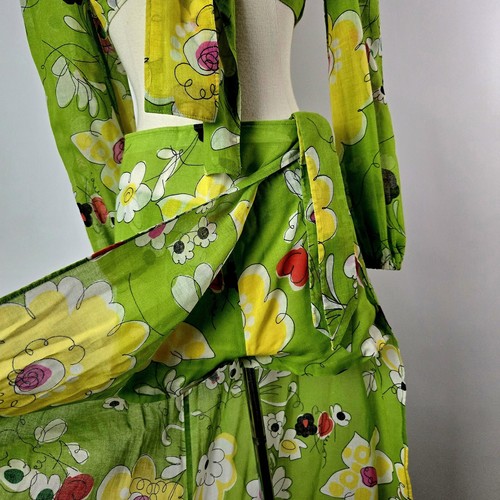 Vintage 60s 3 Piece Set Cotton Linen Crop Top Hot Shorts Wrap Skirt Floral Print - Picture 13 of 16