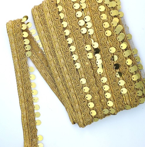 9 Yard Gold Sequence Sari Border Sheer Tissue Fabric Lace Trim Sew On Embellish - Picture 5 of 5