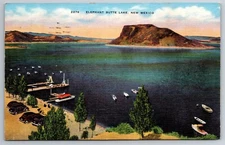 Vintage Postcard NM Elephant Butte Lake Boats Dock Old Cars Chrome ~11981
