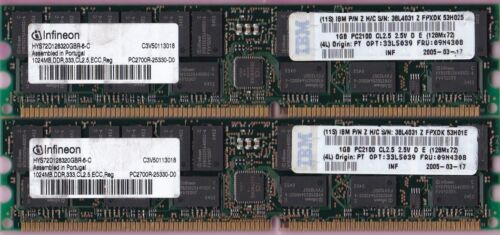 2GB 2x1GB PC-2700R DDR-333 INFINEON HYS72D128320GBR-6-C IBM 38L4031 ECC REG RAM