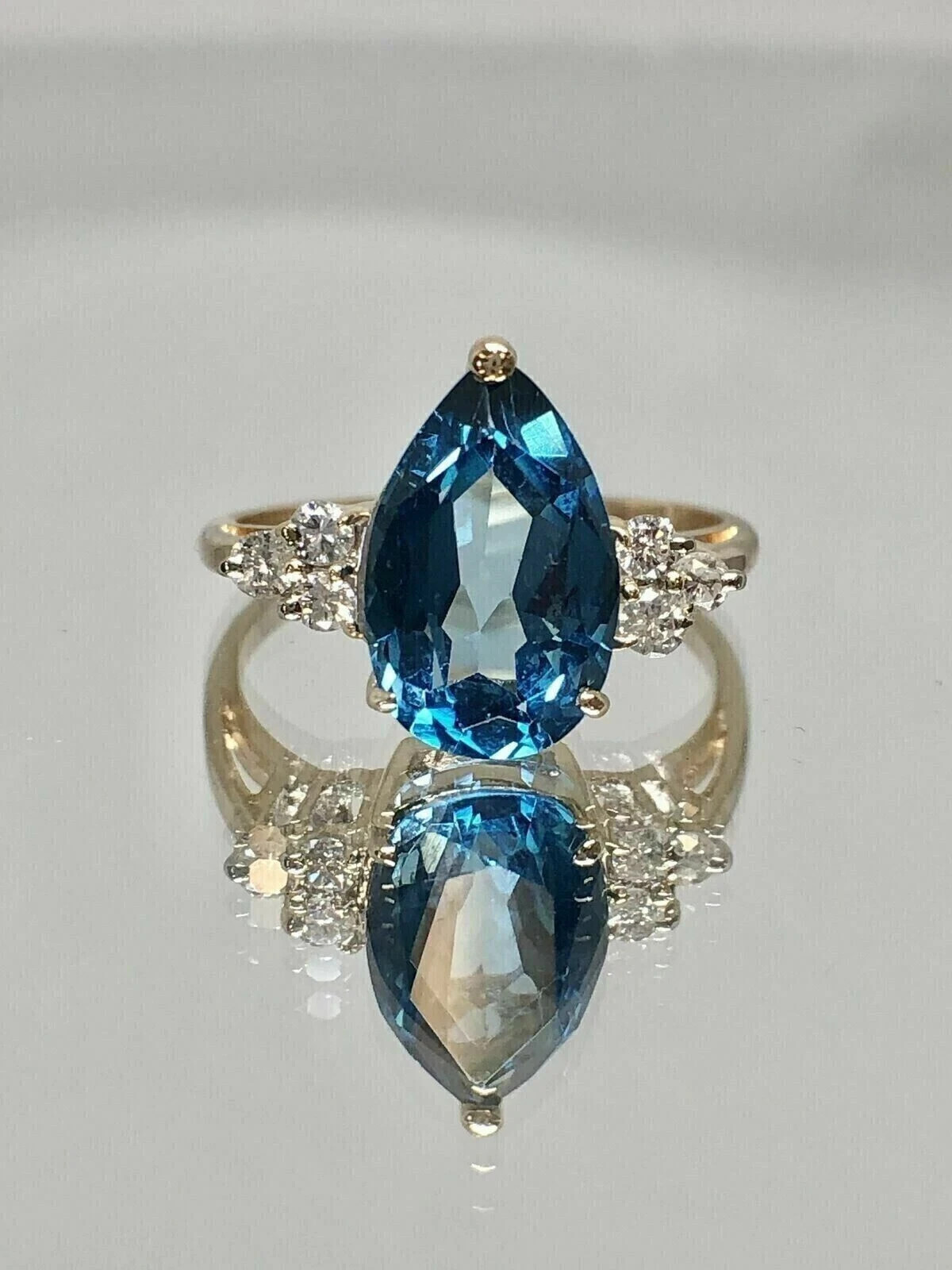 2.55 Ct Pear Cut London Blue Topaz Halo Woman Ring 14K Solid Yellow Gold