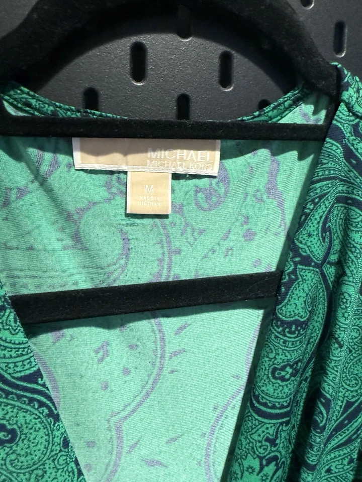 Vestido Michael Kors para mujer verde azul cachemira imitación envoltura cinturón acento, talla mediana Foto 3 de 4