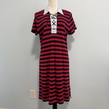 Chaps Nautical-Inspired Lace-up Polo Dress Navy/Red Stripe Size XL