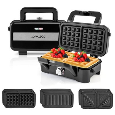 3 in 1 Waffle Maker 1200W Electric Panini Press Grill w/ Non-stick Plates