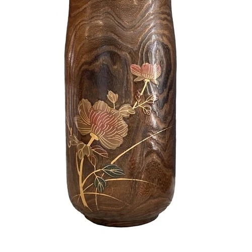 Antique Kiri Ikebana Vase Hand Painted Wood w/ Gold, Flowers & Leaves 12”