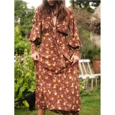 Doen Blossom Silk Floral Brown Midi Dress In Cherrywood Winding Vine XXS