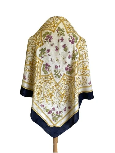 Laura Biagiotti Silk Scarf Floral Baroque Gold White Blue Square Wrap VTG #A3 #R