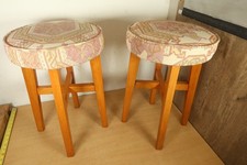 Vintage Pair of Low  Table Bar Pub Stools Matching Aztec Upholstery Wooden Legs