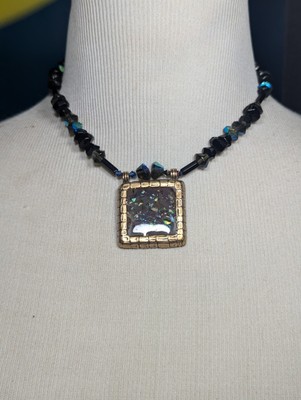 Vintage Chico's Gold Tone Iridescent Glass Beads Square Pendant  Necklace 