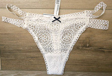 NWT Victoria's Secret PINK Sheer Crochet Lace Double String Thong Panties Bow L