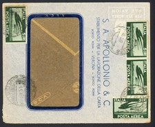 Republic -1946- franked envelope with 4 pieces of 5 lire Democratica (Sas. 129)