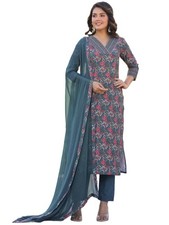 GoSriKi Women's Rayon Blend Straight Printed Kurta with Pant Dupatta