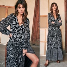 NEW Sézane Dress Noreen Floral Tiered Cottagecore Maxi Dress Black White 34