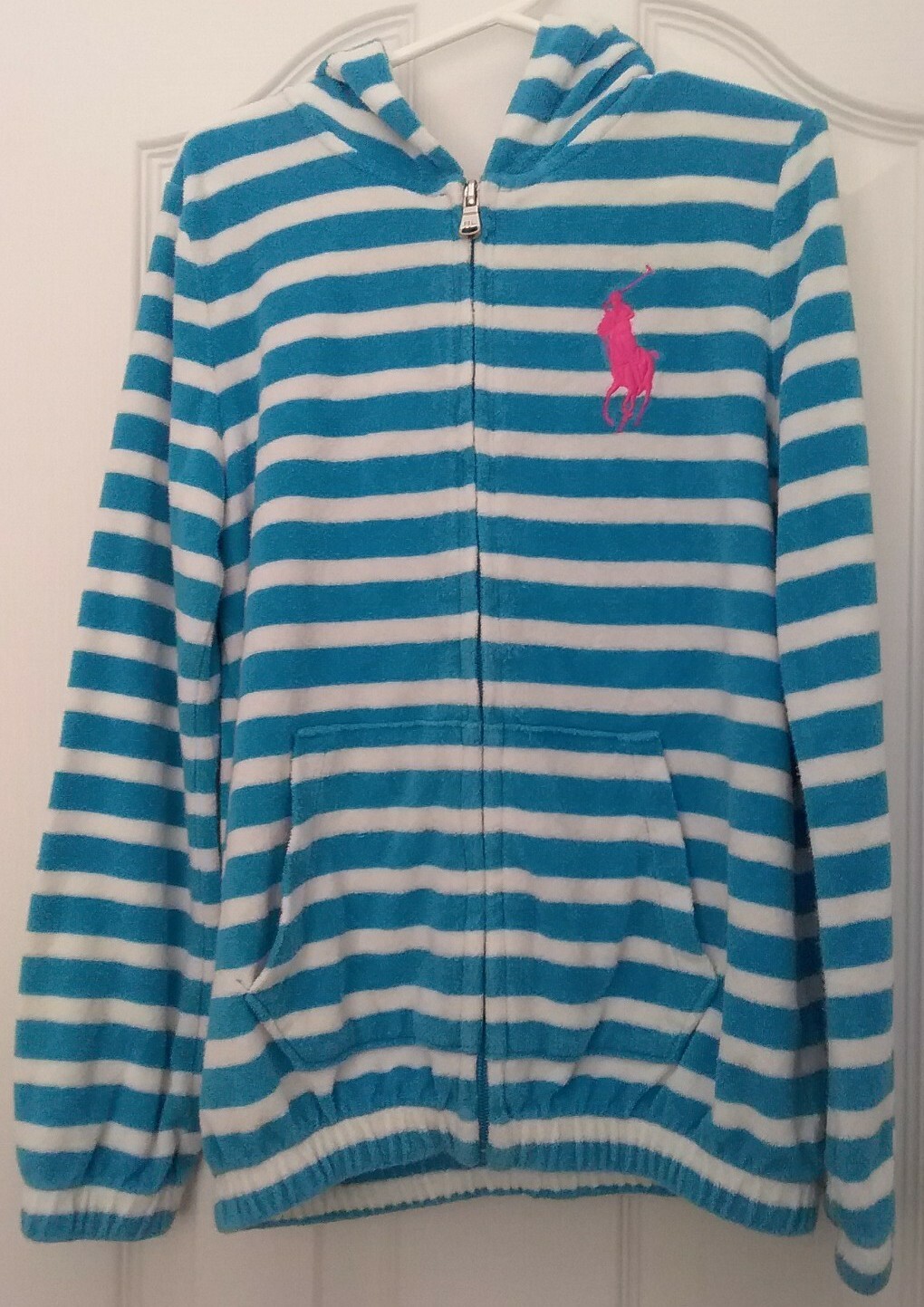 Giacca Terry Ralph Lauren L S Big Pony blu a righe con cappuccio e zip usata in ottime condizioni taglia 8 10 16