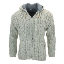 Knitted Wool Hooded Jacket Cable Knit Fleece Lined Cardigan Grey Zip Hoodie