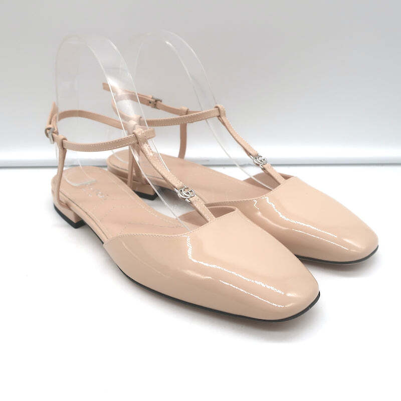 Gucci Double G T-Strap Ballet Flats Nude Patent Leather Size