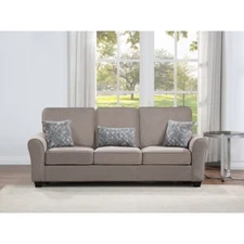 Upholstered Sofa Fabric Plushy Cushioned Flared Round Arm 3-Seater Sofa, Taupe
