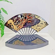 Black Lacquer Plastic Decorative Japanese Fan On Display Base Shelf 10"W 7"H