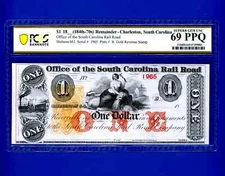 1840/70's $1 CHARLESTON SOUTH CAROLINA RAIL ROAD NOTE PCGS 69 PPQ SUPERB GEM UNC