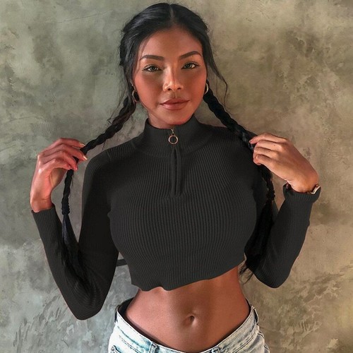 Sexy Long Sleeve Crop Top Zipper Shirt Casual Streetwear Fashion Tee For Women - Picture 5 of 8
