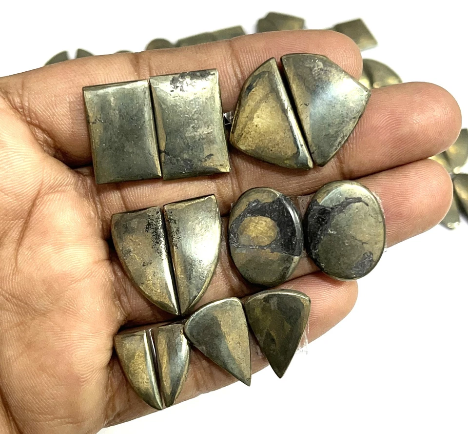 10 Pairs Natural Apache Gold Pyrite Cabochon Gemstones Lot Size 14 To 22 MM Long - Image 2 of 4