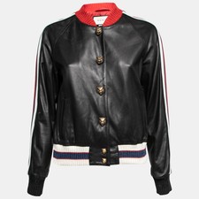 Gucci Black Leather Hollywood Embroidered Bomber Jacket M