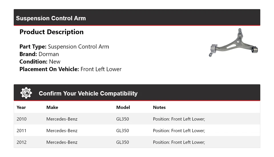 Рычаг управления подвеской передний левый нижний для Mercedes-Benz GL350 Dorman 2010-2012 годов выпуска - Изображение 2 из 4