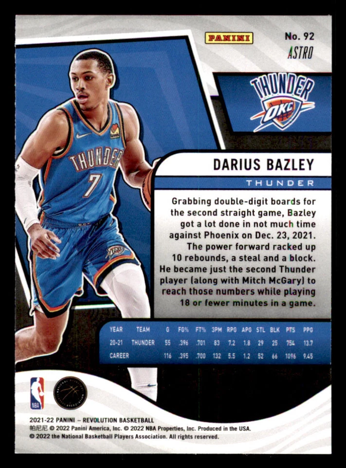 2021-22 Panini Revolution Astro #92 Darius Bazley - Image 2 of 2