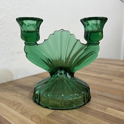 Vintage Jeannette Glass Ultramarine Swirl Green Double Candlestick
