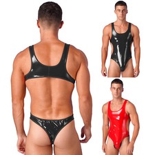 DE Herren Wetlook Body Stringbody Overall Lackleder Bodysuit Tank Tops Unterhemd