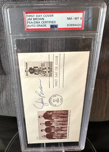JIM BROWN HOF FDC FIRST DAY COVER 1984 SIGNED AUTOGRAPH PSA DNA NR MINT 8 AUTO