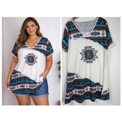 Southwestern Horse Print V-Neck Tunic Women 2X White Blue Aztec Tribal Tee