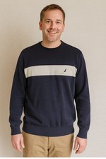 Nautica Mens Nautical Classic Navy Blue Gray Stripe Sweater, Medium M