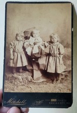 Antique Cabinet Card 3 Cute Little Girls w German Bisque Head Doll SISTERS - MO
