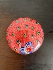 Murano Style Peacock Millefiori Art Glass Paperweight Red Vintage
