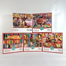 Lot of 5 Buffalo Games CATS 750 Piece Puzzles w/Posters 1 NEW/SEALED 4 COMPLETE