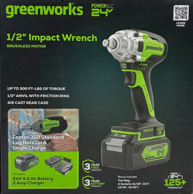 #ad Greenworks 24V 1 2quot; Cordless Impact Wrench 4.0Ah Battery and Charger Included $131.10