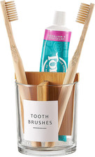 Glass Toothbrush and Toothpaste Holder with Bamboo Divider for Bathroom Countert