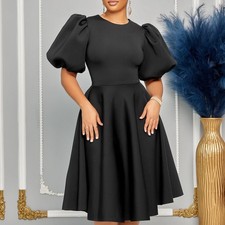 Elegant V Neck Pleated Midi Dress Balloon SleeveLong Summer Dresses for Women