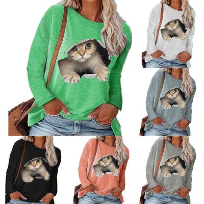 Langarm Street Freizeithemd mit Animal Cat Print Alltagstauglich