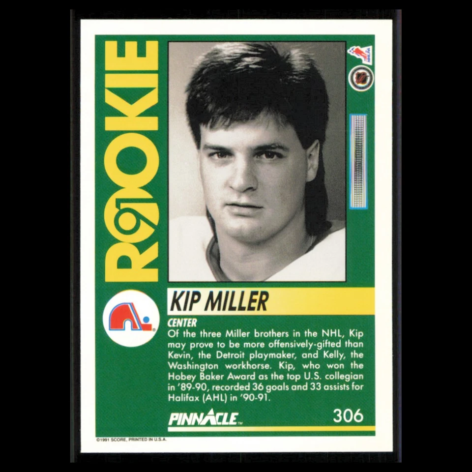 Kip Miller Rookie #306 1991 Pinnacle Quebec Nordiques Hockey Card NHL NM - Image 2 of 3