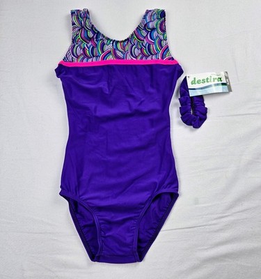 NWT Destira Gymnastics Leotard AJR Adult Junior Purple Curve Print Scrunchie