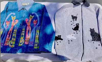 Y2K Jacket Lot 2 Cats Cats Cats Denim And Fleece Cat Lady Boho Medium
