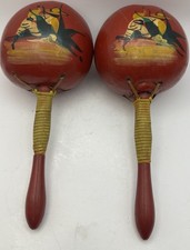 Vintage Hand Painted Red Mexican Maracas Gourd Shaker Music Mexico 8.5  