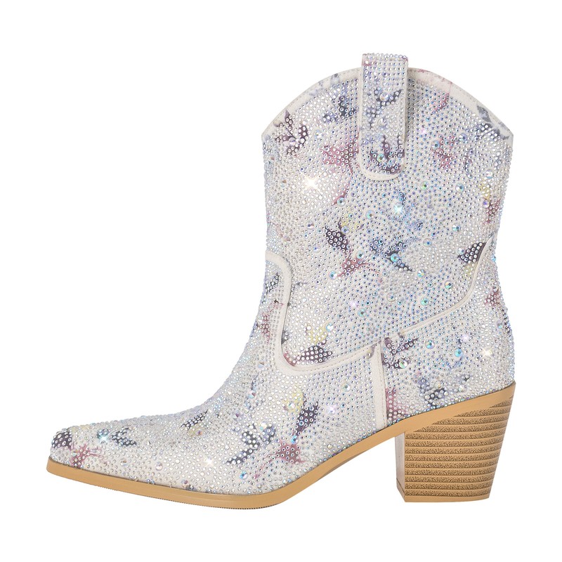 Women's Sequins Pointed Toe Pull on Chunky Heels Casual Cowboy Ankle Booties US5